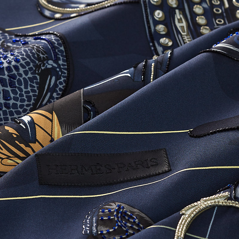 Tous en Selle embroidered scarf 90 - Blue | Hermès Mainland China